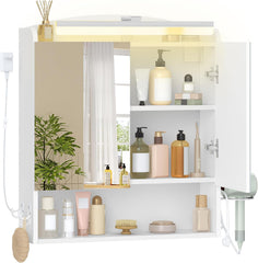 Hzuaneri MC10003XEU Spiegelkast met verlichting, badkamerkast met spiegel, wandkast, haardrogerhouder en haken, met stekker, verstelbare etages, wit, 16,5 x 60 x 68,5 cm