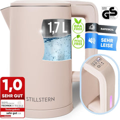 Stillstern waterkoker met temperatuurregeling [1,7 l, 2200 W, 40-55-70-85-100 °C], 12 uur warmhouden, roestvrijstalen waterkoker met precisietuit, snelle opwarming, campingwaterkoker, matte afwerking, beige