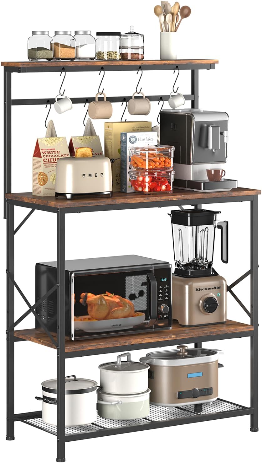 COMHOMA Plank, keukenrek, staand rek, magnetronrek voor keuken, kruidenrek, boekenkast met anti-kantelbescherming, rek met 4 planken, 8 S-haken, metalen frame, stalen frame, 80 x 40 x 126 cm, vintage