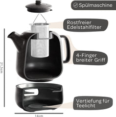 STEINZEIT Design theepot met stoofje, 1,3 liter, met zeefinzet van roestvrij 304 roestvrij staal, keramiek met uniek glazuur met zeef, uitneembaar, zwart
