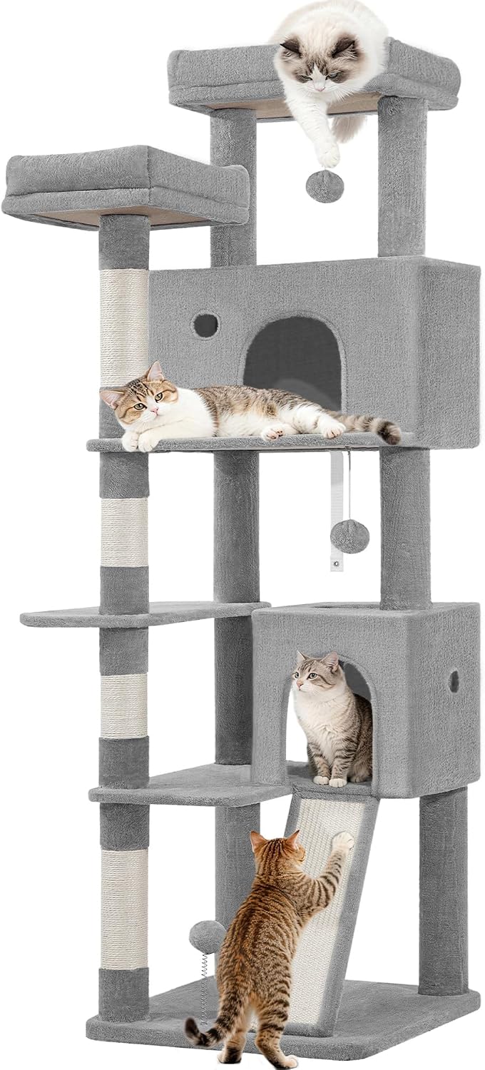 Krabpaal 178 cm, grote kattenboom, krabpaal voor grote katten, stabiel met krabzuilen, krabplank, 2 comfortabele kattenholtes, 2 bovenplatforms, zijrustplatform, pompons, lichtgrijs