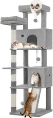 Krabpaal 178 cm, grote kattenboom, krabpaal voor grote katten, stabiel met krabzuilen, krabplank, 2 comfortabele kattenholtes, 2 bovenplatforms, zijrustplatform, pompons, lichtgrijs