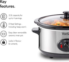 Slowcooker - 3,5L - Glazen deksel - RVS - VonShef