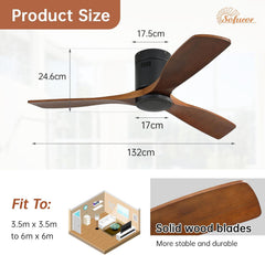 Sofucor Plafondventilator met afstandsbediening, plafondventilator van massief hout met 3 houten ventilatorbladen, 132 cm, stil, 6 snelheden, timer, DC-motor, zomer-wintermodus voor slaapkamer