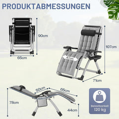 Zonnebed, inklapbaar, tuinligstoel, weerbestendig, met ergonomisch kussen, ligstoel voor in de tuin met nekkussen, bekerhouder, zijzak, strandstoel, verstelbare rugleuning, lichtgrijs