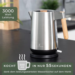 WALDWERK Design waterkoker - 3000 Watt - 1,7L - waterkoker roestvrij staal - waterkoker met echte eikenhouten handgrepen en roestvrij 304 roestvrij staal •