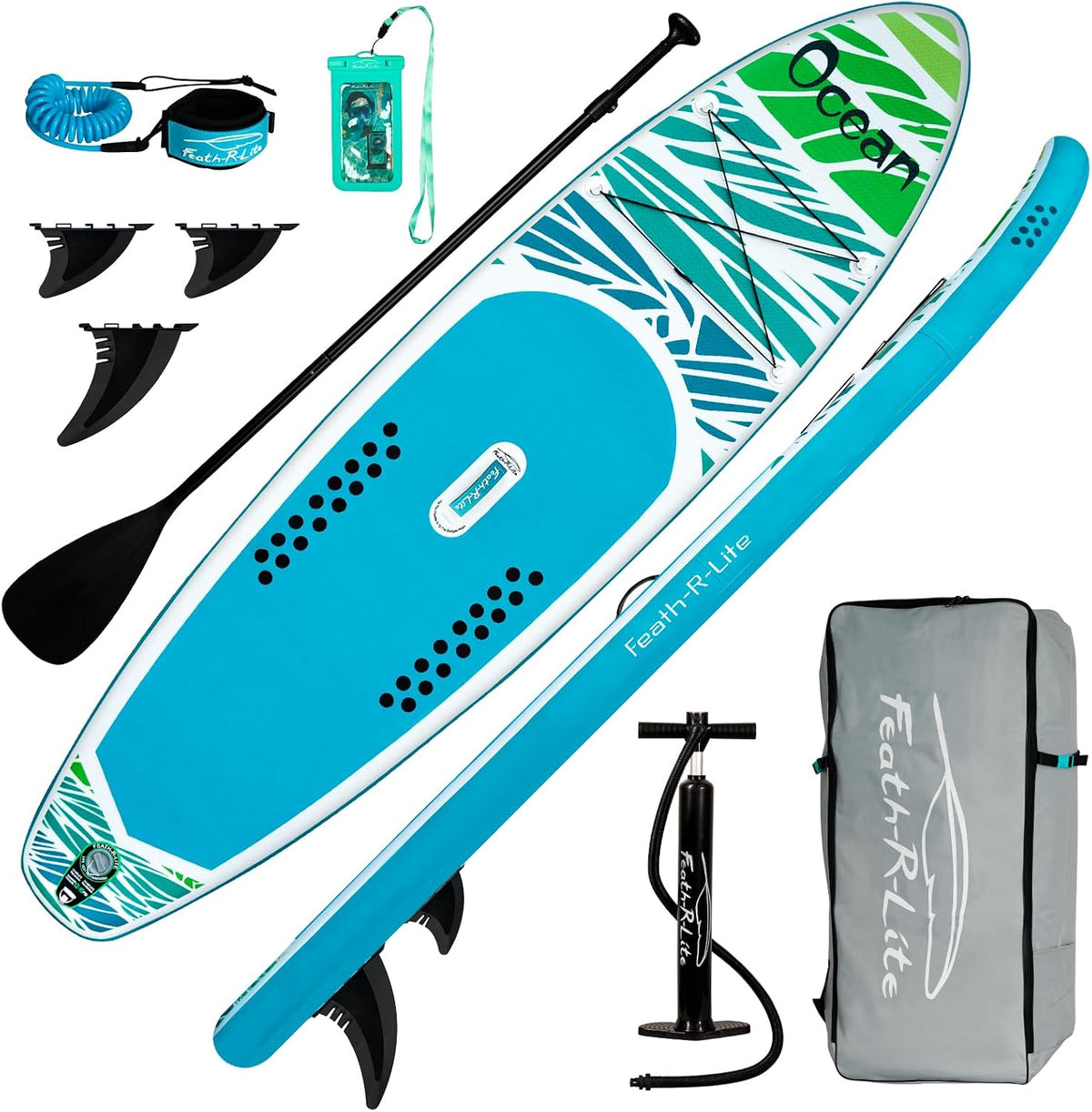 FunWater Ocean Elite Stand Up Paddleboard, 320 cm en 350 cm, met volledig accessoires, paddleboard, SUP-board met verstelbare peddel, pomp, reisrugzak, linnen, waterdichte tas
