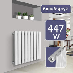 Aquamarin® Radiator - horizontaal, plat, 600x641x52 mm, enkele laag, 1/2 inch, 9 segmenten, staal, wit - badkamerradiator handdoekhouder, design platte radiator, verwarming, badkamer, badkamer