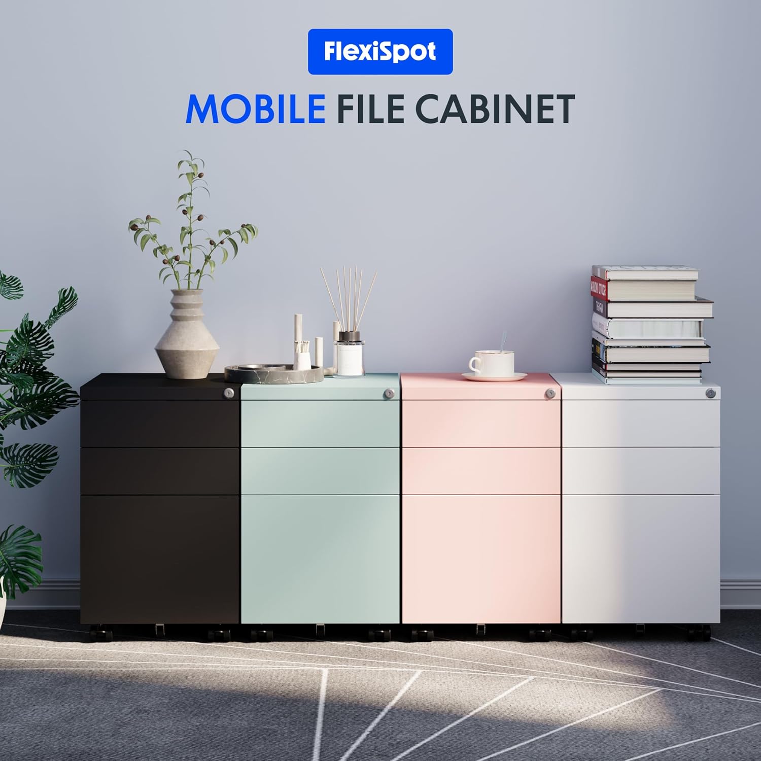 FLEXISPOT Rolcontainer, kleine kast met 3 laden, mobiele archiefkast met wielen, afsluitbare bureaukast voor kantoor en thuiskantoor, anti-kantel, 44 x 37 x 60 cm, wit