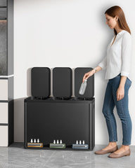 Hzuaneri Vuilnisemmer, afvalscheidingssysteem, 3 vakken, 45 l (3 x 15 l), roestvrij staal, pedaalemmer met kleurcoderbare pedalen, afvalemmer, rustige langzame afdaling, zwart SW04599B