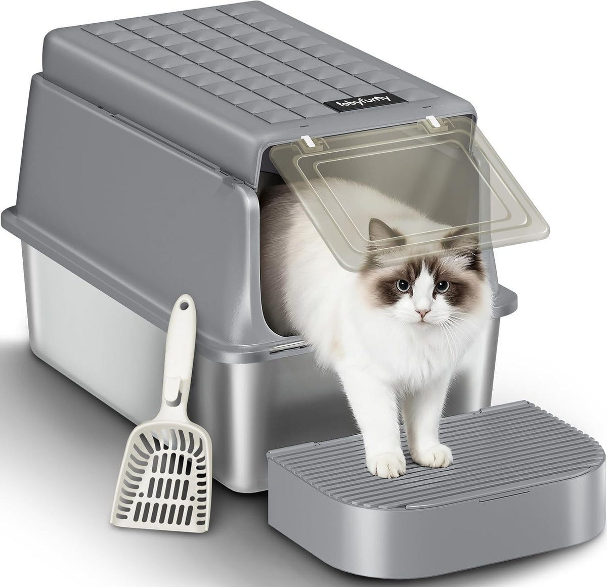 FOBYFURNY FPLB001SG2 Roestvrijstalen kattenbak met deksel, XXL, gesloten metalen kattenbak met schep en voettrede, uitneembaar, 120° klapdeksel, gemakkelijk te reinigen, donkergrijs