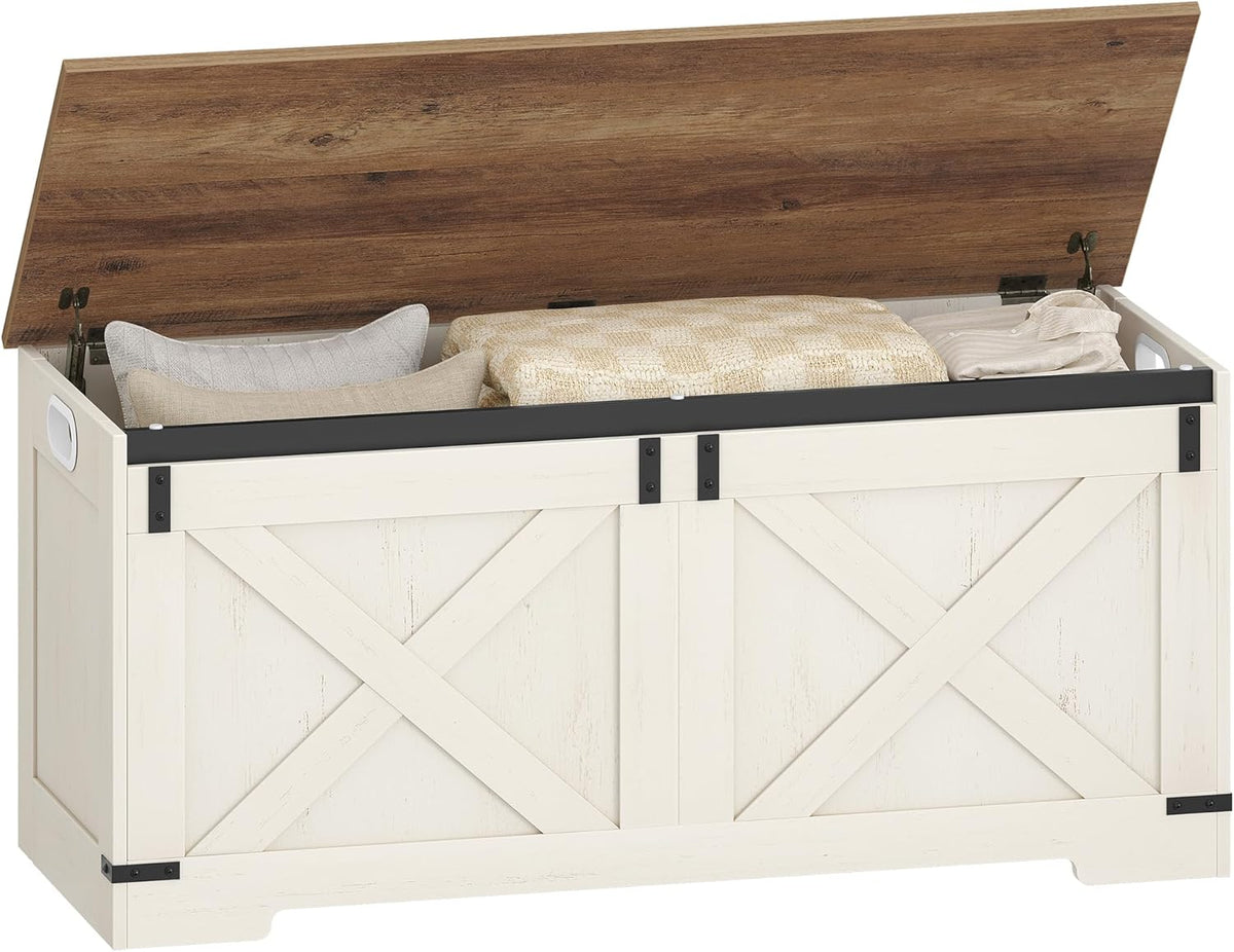 Hzuaneri SB10914X Schoenbank, zitbank met opbergruimte, 2 stevige scharnieren, opbergkast, schuurstijl, 40 x 109 x 48,5 cm, voor entree, slaapkamer, wit/bruin