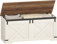Hzuaneri SB10914X Schoenbank, zitbank met opbergruimte, 2 stevige scharnieren, opbergkast, schuurstijl, 40 x 109 x 48,5 cm, voor entree, slaapkamer, wit/bruin