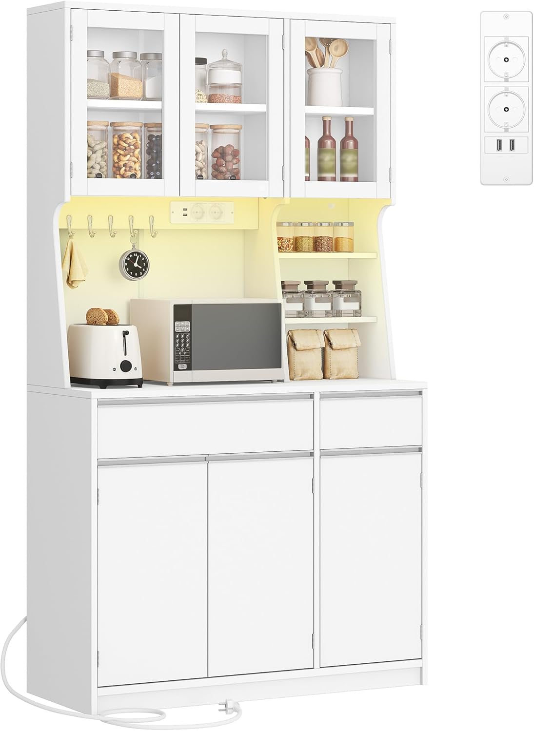 Hzuaneri Keukenkast, dressoir, commode keuken met stopcontacten en led-lichtstrips, met werkbladen en twee laden, verstelbare planken, keuken, 40 x 100 x 180 cm, wit, PT00103XEU