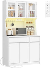 Hzuaneri Keukenkast, dressoir, commode keuken met stopcontacten en led-lichtstrips, met werkbladen en twee laden, verstelbare planken, keuken, 40 x 100 x 180 cm, wit, PT00103XEU