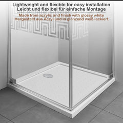 Aquamarin® Douchebak - 90 x 80 cm, supervlak, laag, antislip, rechthoekig, tot 250 kg belastbaar, acryl, wit - douchebak, douchebak, acrylbak