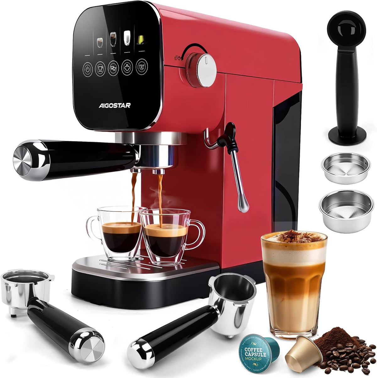 Aigostar - Espresso filtermachine, compatibel met capsules en gemalen koffie, 20 bar, digitaal touchpaneel, 1/2 kopjes, espressomachine met melkopschuimer, 0,9 l, 1350 W, roestvrij staal, rood
