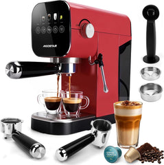 Aigostar - Espresso filtermachine, compatibel met capsules en gemalen koffie, 20 bar, digitaal touchpaneel, 1/2 kopjes, espressomachine met melkopschuimer, 0,9 l, 1350 W, roestvrij staal, rood