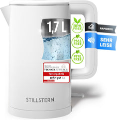 Stillstern Waterkoker met roestvrijstalen filter, PFAS- en PTFE-vrij, 1,7 l - 2200 W, waterkoker met precisie-uitloop en anti-vingerafdrukcoating, snel opwarmen, theekoker camping, matte afwerking, wit