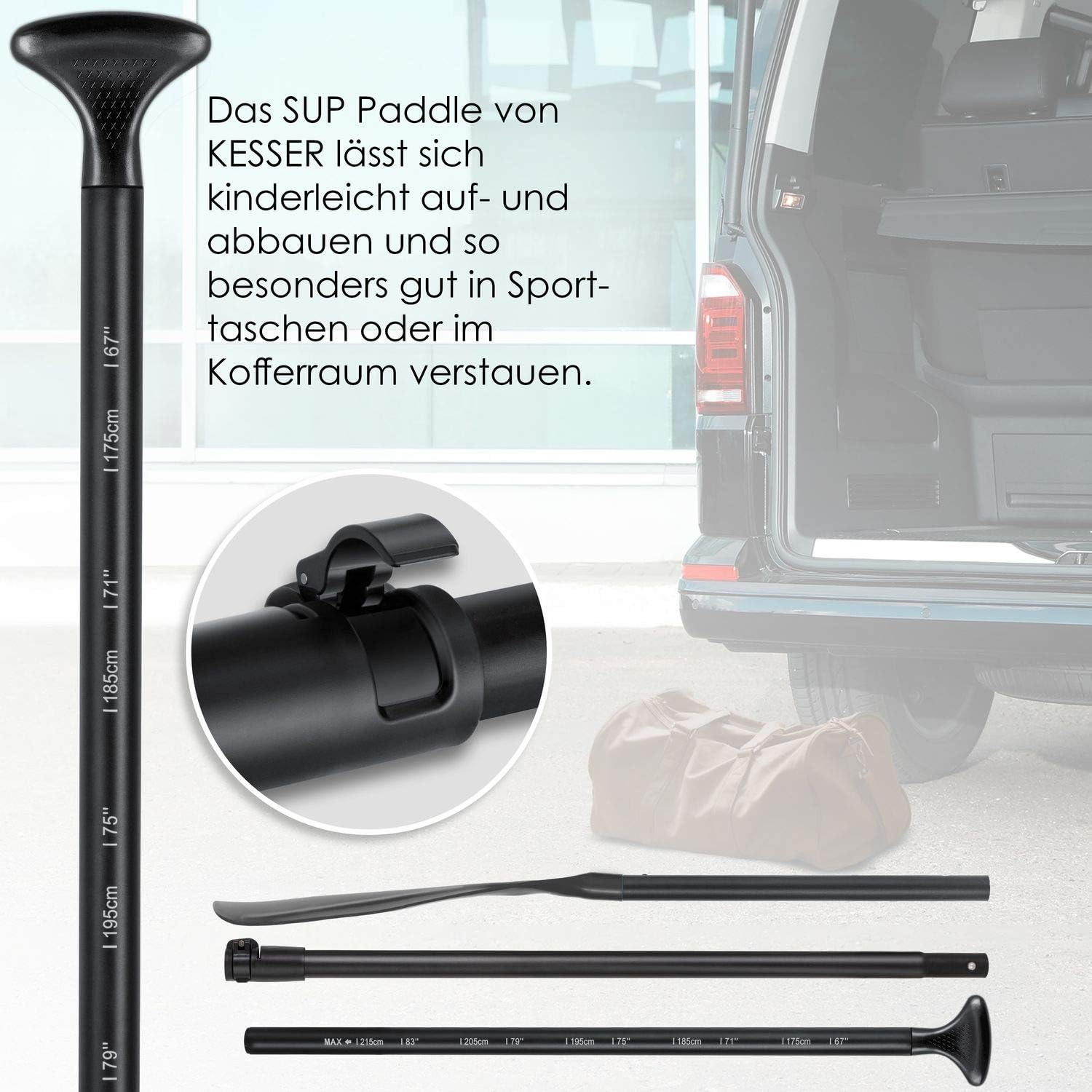 KESSER® Paddle - 3-delig voor kajak SUP stand-up paddling board, steekpeddel, verstelbare telescopische peddel, 165 cm - 215 cm aluminium voor stand-up peddel, kajakken, surfboard, boot, anti-slip