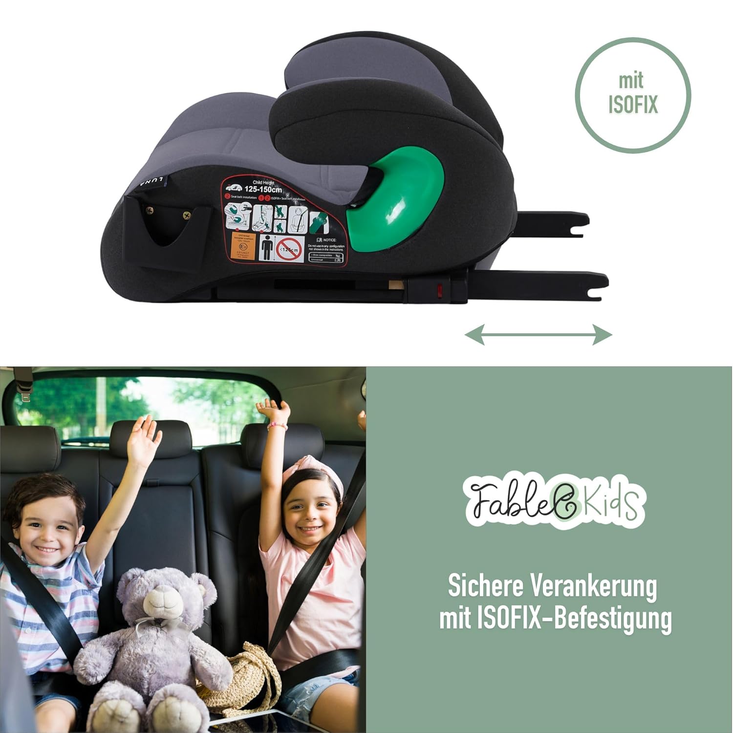 FableKids Isofix Zitverhoger, 3-punts veiligheidsgordel, kinderzitverhoging tot 5 jaar, autostoel voor kinderen, 125-150 cm, met bekerhouder, ECE R129/03, grijs