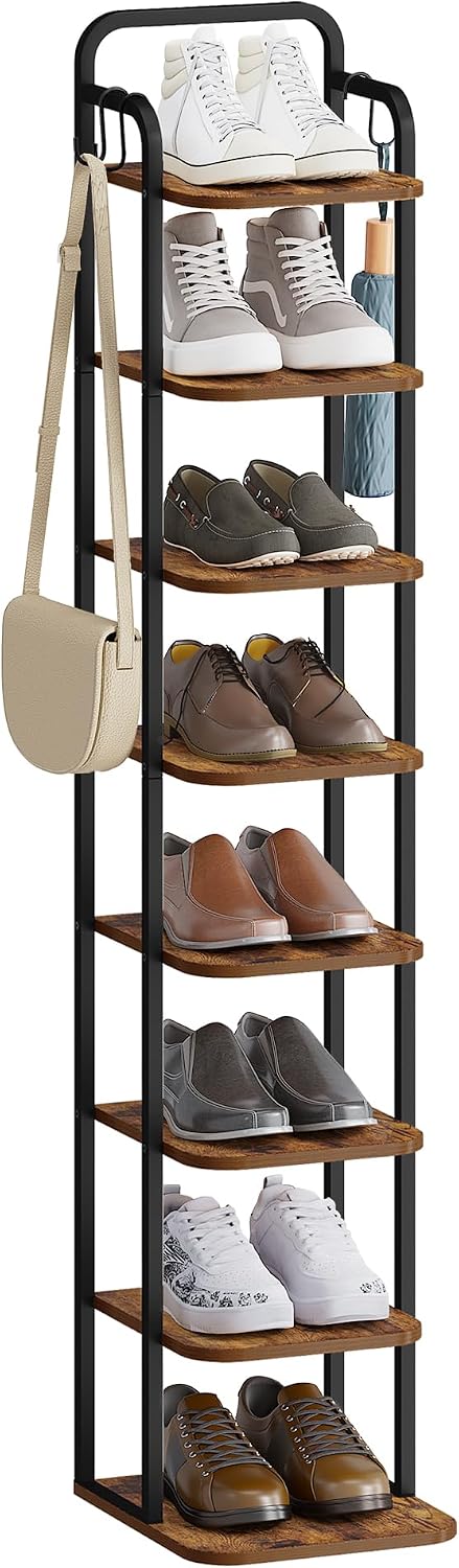 Hzuaneri SR04301B Verticaal schoenenrek, 8 verdiepingen, schoenentoren voor kleine ruimtes, vrijstaand, verstelbaar, ruimtebesparend, bruin en zwart