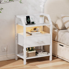 HLONONE Nachtkastje met stopcontact en led, bijzettafel met lade, 3 USB-poorten, 3-traps planken, voor slaapkamer, woonkamer, 46 x 29,3 x 66 cm, wit