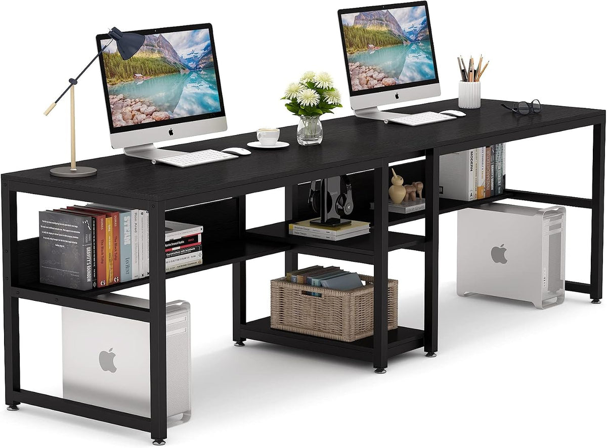 Tribesigns Tweepersoons bureau met boekenplank, 200x60 cm computer kantoor dubbel bureau voor twee personen, rustiek schrijfbureau werkstation met plank voor thuiskantoor (zwart)