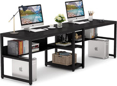Tribesigns Tweepersoons bureau met boekenplank, 200x60 cm computer kantoor dubbel bureau voor twee personen, rustiek schrijfbureau werkstation met plank voor thuiskantoor (zwart)