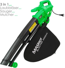 Masko® elektrische bladzuiger, 3-in-1, 3000 W, schouderriem en wielen, opvangzak 45 l, bladblazer, tuinzuiger, tuinblazer, groen