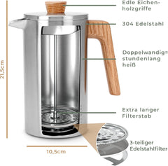 WALDWERK French Press (1 liter), koffiemaker van dubbelwandig roestvrij staal met houten handvat van eikenhout, plasticvrije koffiemaker •