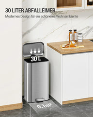 Hzuaneri Vuilnisemmer voor keuken, 30 liter afvalemmer met pedaal, pedaal met softclose-deksel en binnenemmer, keukenafvalemmer met 15 vuilniszakken, staal, zilver SW13099B