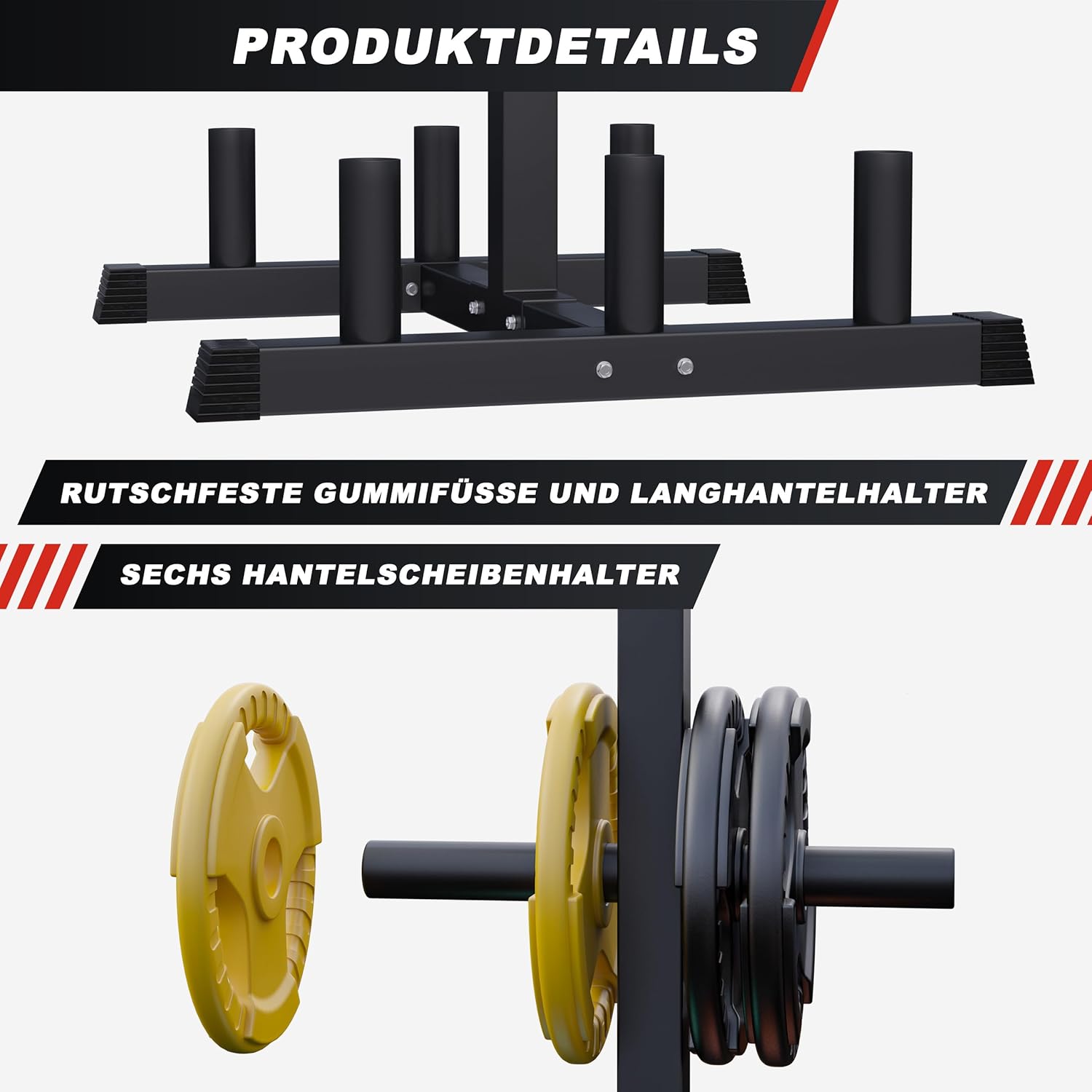 GORILLA SPORTS® Halterstandaard, voor 50 mm Olympia halterschijven en stangen, tot 300 kg belastbaar, staal - halterschijfstandaard, schijfopname, halterboom, gewichtsstandaard, rek, fitness