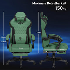 GTPLAYER Gamingstoel, ergonomische gamerstoel van stof, met lendensteun, pc-stoel met verbrede rugleuning, belastbaar tot 150 kg, groen