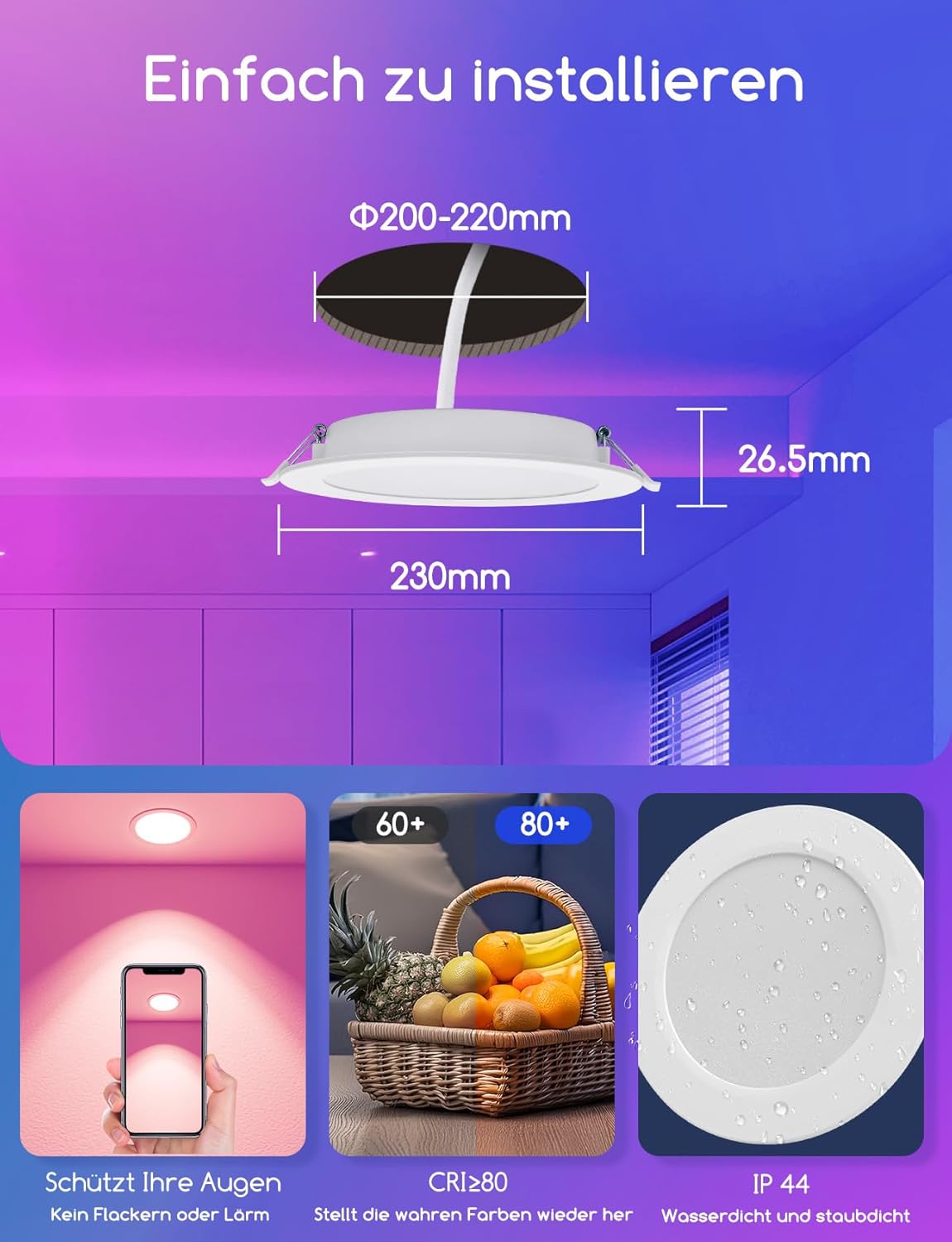 Aigostar Inbouwlamp, intelligente 18 W led-downlight bluethooth mesh, dimbare plafondverlichting, spot met afstandsbediening, compatibel met Alexa, 1760LM RGB, wit licht 2700K-6500K, diameter 200-220