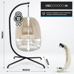 MIADOMODO® Hangstoel - met standaard en kussens, in hoogte verstelbaar, frame van ijzer, tot 160 kg belastbaar - ei hangschommel, hangmand, hangstoel, indoor/outdoor, tuin (beige)