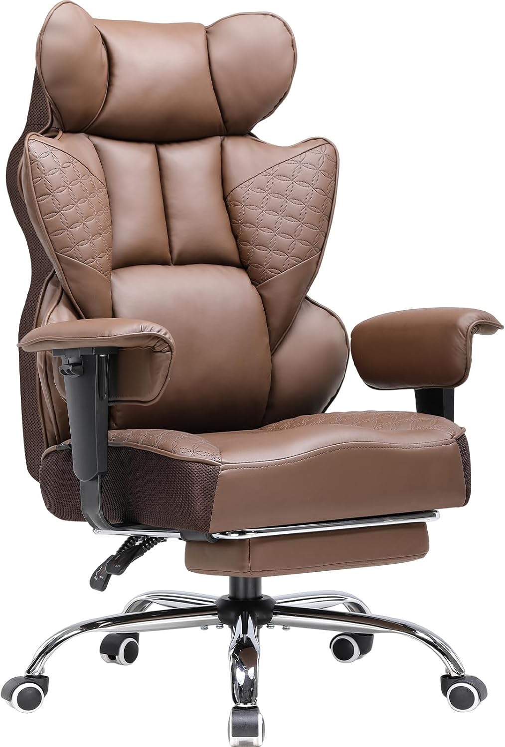 COMHOMA bureaustoel, 150 kg, gamingstoel, ergonomisch, met brede zitting, hoge rugleuning, leer, verstelbare armleuningen, lendensteun, pocketveringkern, Bruin