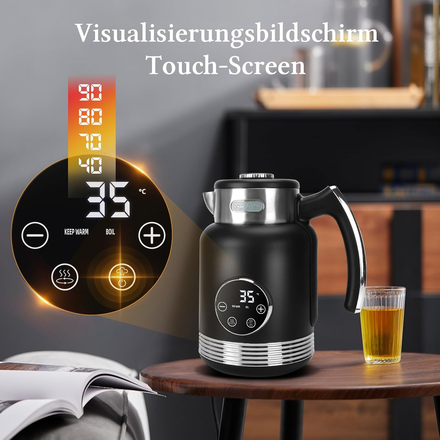Taylor Swoden 2200 W waterkoker, snelopwarmer, met temperatuurinstelling, 40-100 graden, elektrische waterkoker, 2 l, dubbelwandig roestvrij staal, digitale warmhoudfunctie, zwart