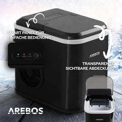 Arebos IJsblokjesmachine, 12 kg/24 uur, ijsblokjesmaker R600a, 8 ijsblokjes in 10 minuten, tank van 1,1 l, zelfreinigend en stil, incl. schep en houder, ijsblokjesmaker met kijkvenster, zwart