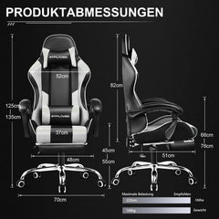 GTPLAYER Gaming stoel, bureaustoel, ergonomische gamerstoel met voetensteun, lendenkussen, gevoerde gamingstoel, draaistoel, 150 kg, wit