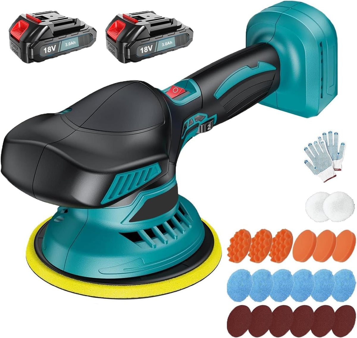 MAWIRON Polijstmachine auto met 6000 mAh accu, 6 inch Orbital accu-polijstmachine voor Makita, 6 variabele snelheden 5800 tpm draadloze polijstmachine, 2 x 3000 mAh batterijen, 22 stuks opzetstukken •