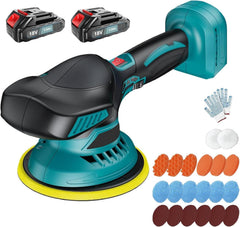 MAWIRON Polijstmachine auto met 6000 mAh accu, 6 inch Orbital accu-polijstmachine voor Makita, 6 variabele snelheden 5800 tpm draadloze polijstmachine, 2 x 3000 mAh batterijen, 22 stuks opzetstukken •