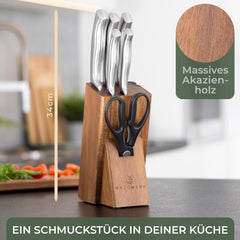WALDWERK Messenblok - 7-delige messenset met messenblok en geïntegreerde messenslijper - Messenblok met mes - Keukenmessenset - Messenset met blok - Messenset •