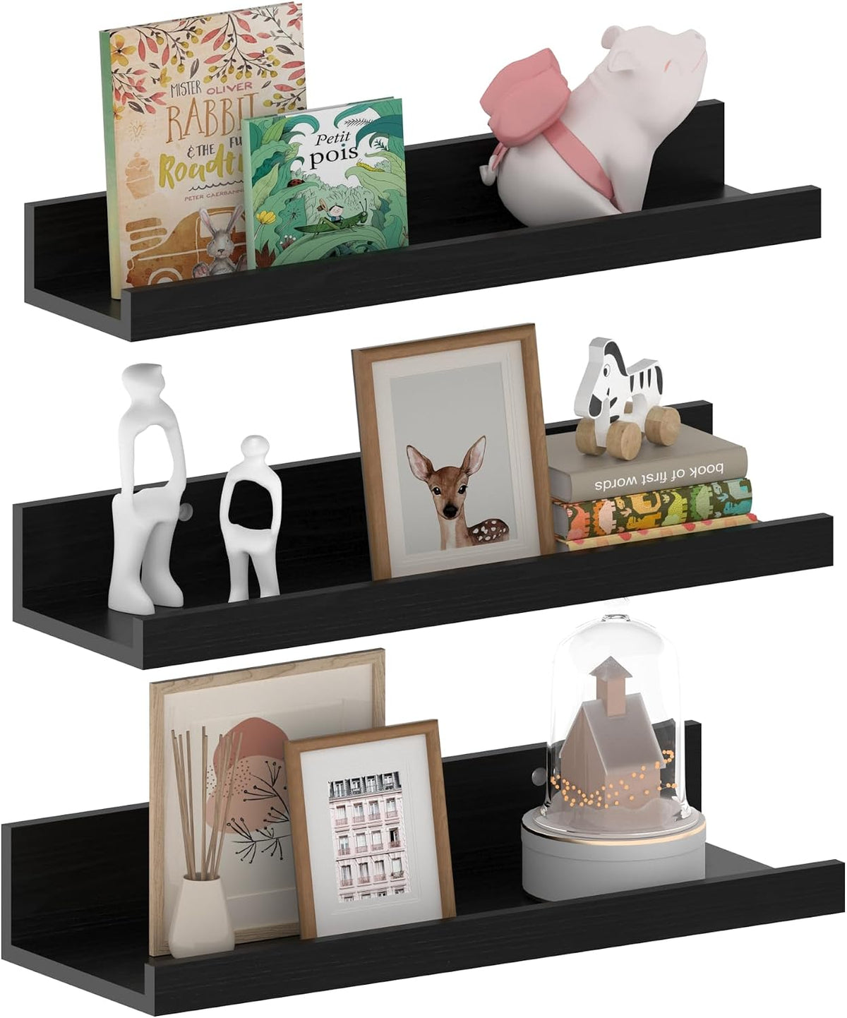 EXYGLO 40 cm lang wandrek, rustiek zwevend rek, fotolijst voor woonkamer, keuken, kinderkamer of slaapkamer, 3 stuks, met verschillende maten