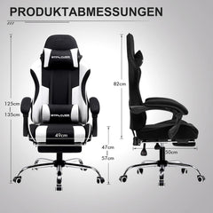 GTPLAYER Gaming stoel, stof, bureaustoel, massage gamingstoel, ergonomische gamerstoel met voetensteun, gevoerde gamingstoel, draaistoel, 150 kg, wit-zwart •