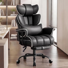 Furniliving bureaustoel voor grote en lange mensen (180 kg), ergonomische directiestoel met brede zitting, verstelbare rugleuning, lendensteun, hoge rugleuning, leren gamingstoel met voetensteun en kussen, zwart