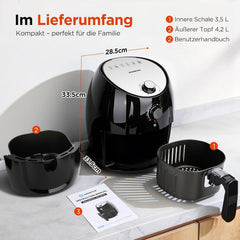 Heteluchtfriteuse, 3,5 liter, 1500 watt, friteuse met vet, perfect voor kleine huishoudens, 30-tijd, zonder olie, fryer, afneembare frituurmand, automatische uitschakelfunctie, zwart