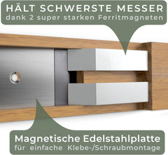 WALDWERK Magneetstrip mes (40 x 5 cm), magneetstrip van edel acaciahout, messenhouder, magnetisch voor zware messen, magneetstrip om te lijmen of te schroeven, magnetische messenhouder •