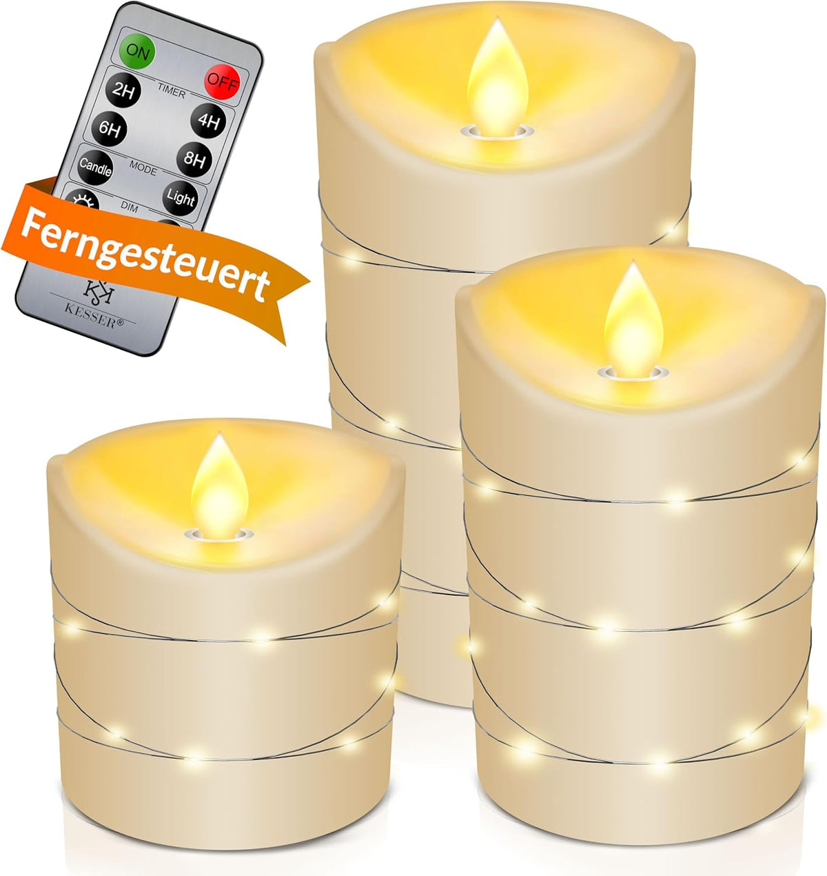 KESSER® Led-kaarsen, 3-delige set, vlamloze kaarsen, timerfunctie, timer, echte waskaars, 10 cm, 12,5 cm, 15 cm hoog, realistisch flikkerend licht, led-vlammen, echte was, decoratie, traditioneel