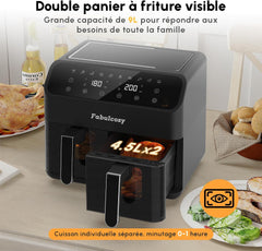 Airfryer XXL - heteluchtfriteuse - 9L - Dubbele Airfryer - Zwart - Fabulcozy